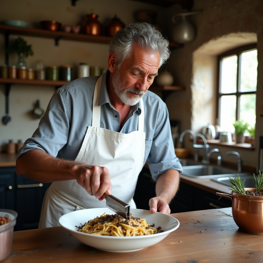 Chef locale che prepara un piatto tradizionale nella sua cucina di paese