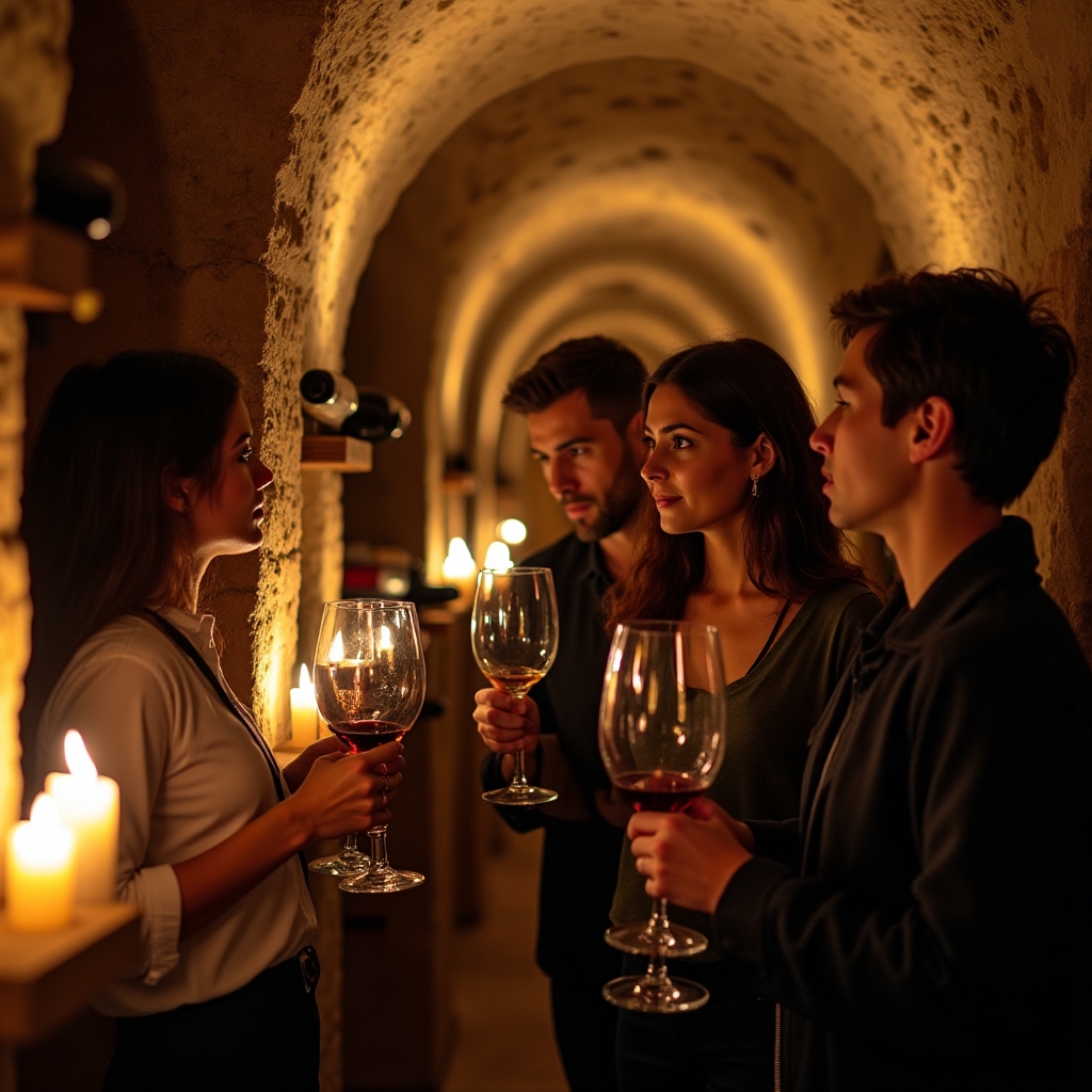 Visitatori in degustazione in una cantina sotterranea illuminata da candele