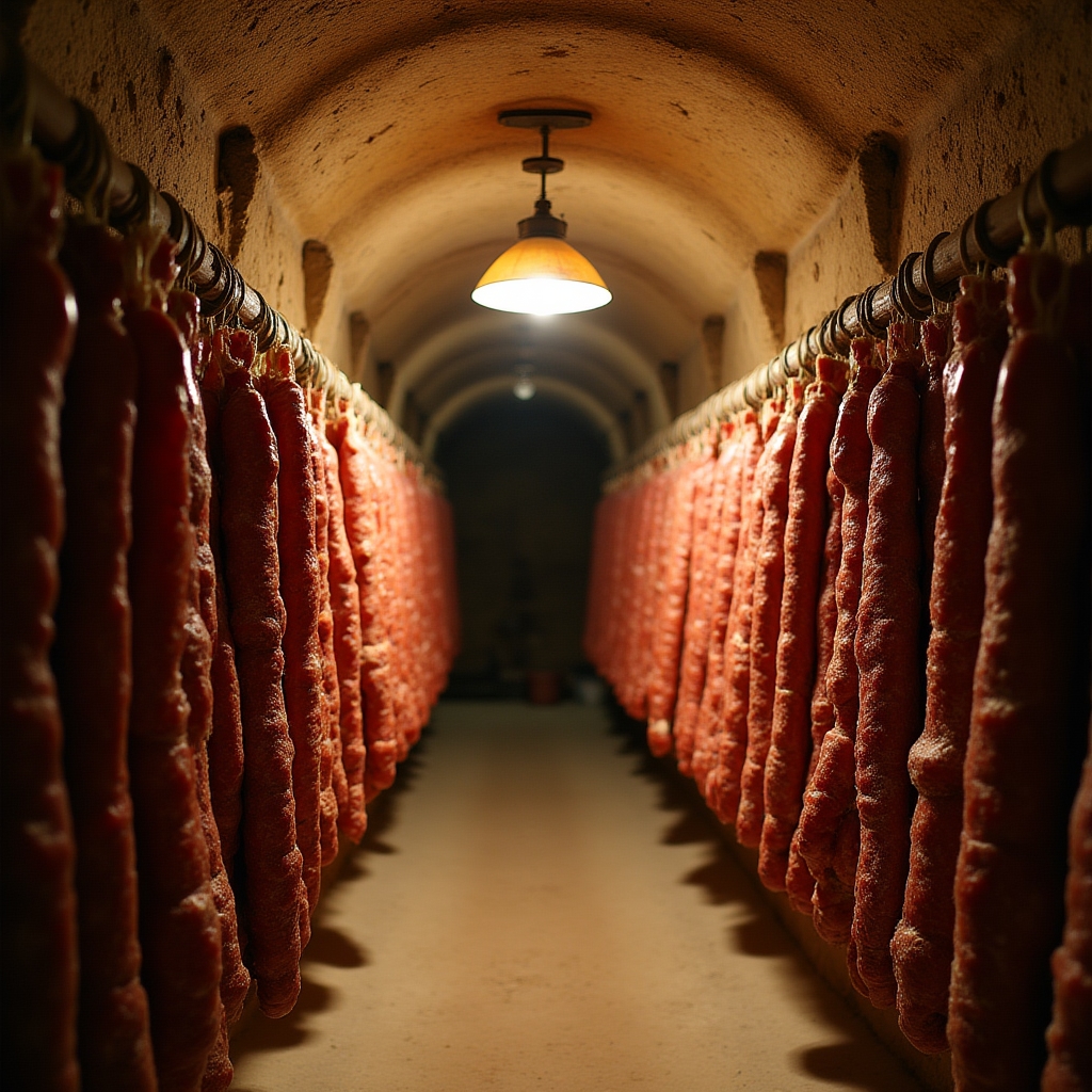 Prosciutti e salumi appesi in una cantina tradizionale emiliana