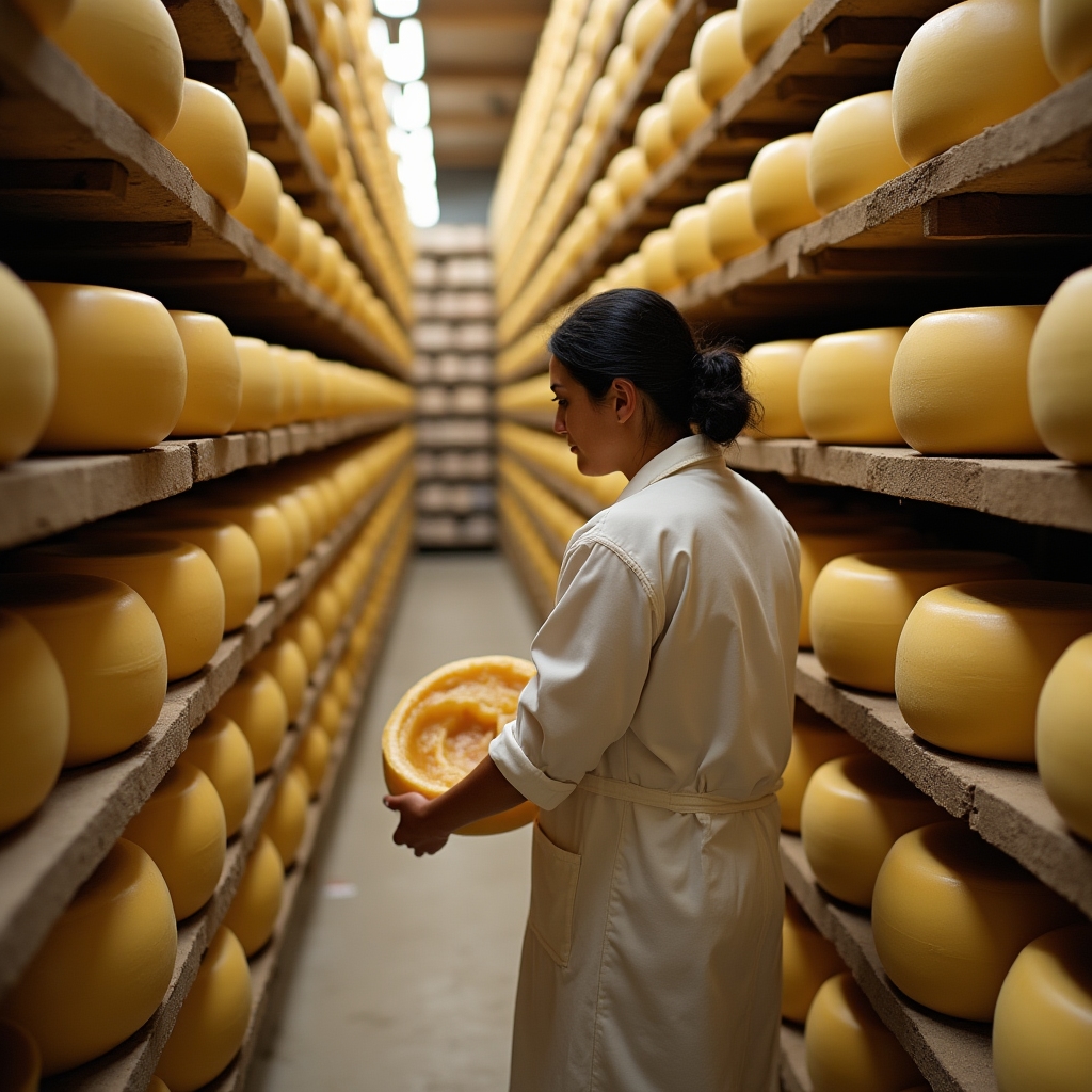 Forme di formaggio in stagionatura in un caseificio di montagna