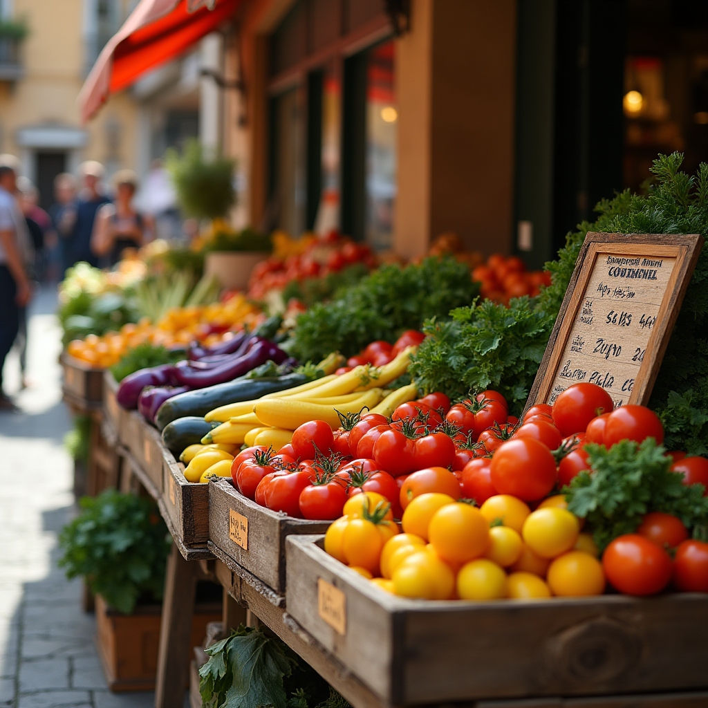 Bancarelle di un mercato rionale romano con verdure fresche di stagione