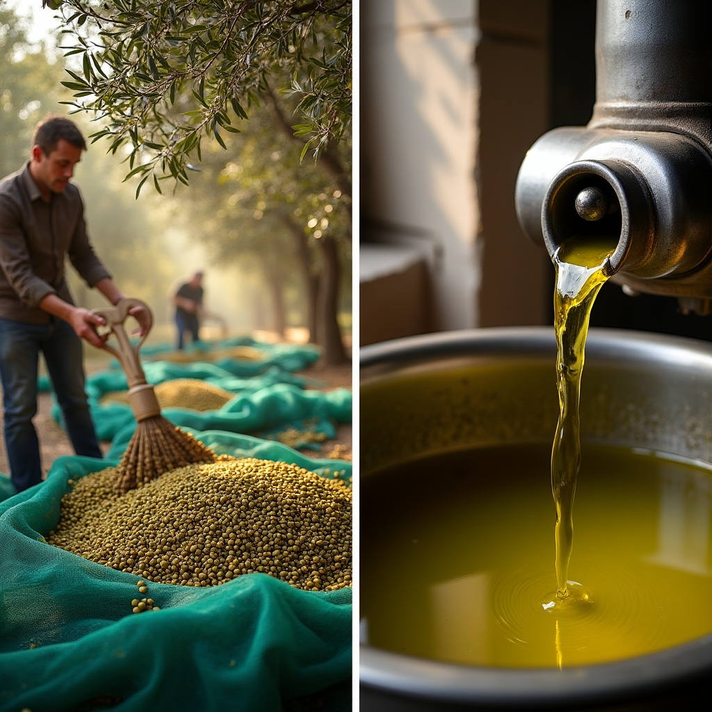Raccolta delle olive in un uliveto e spremitura in un frantoio artigianale