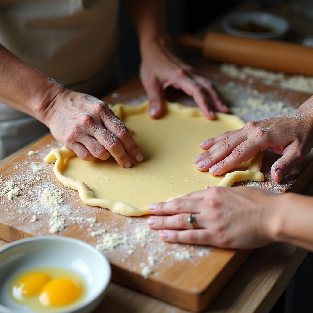 Mani che impastano pasta fresca in un laboratorio artigianale