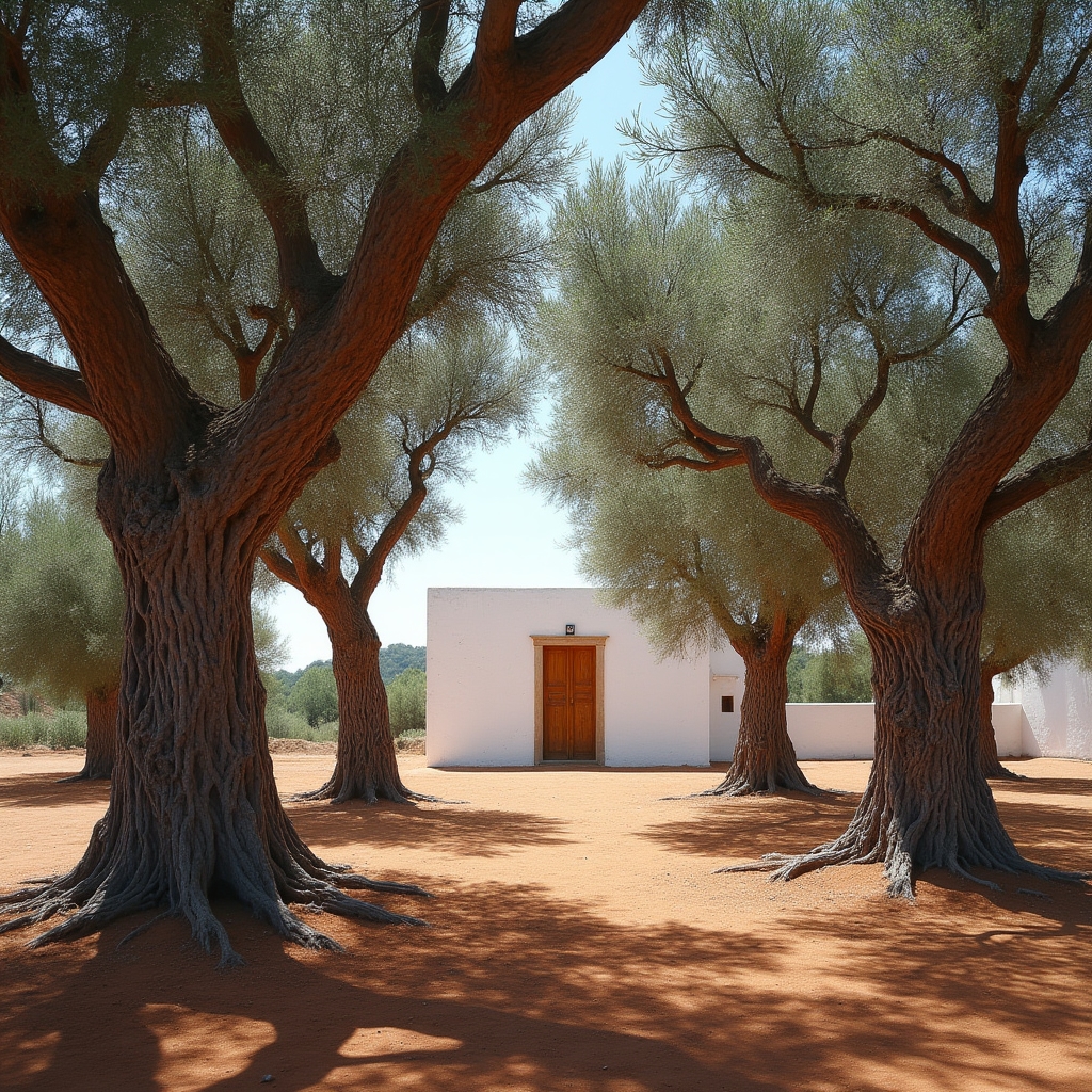 Ulivi centenari in una masseria pugliese con luce dorata