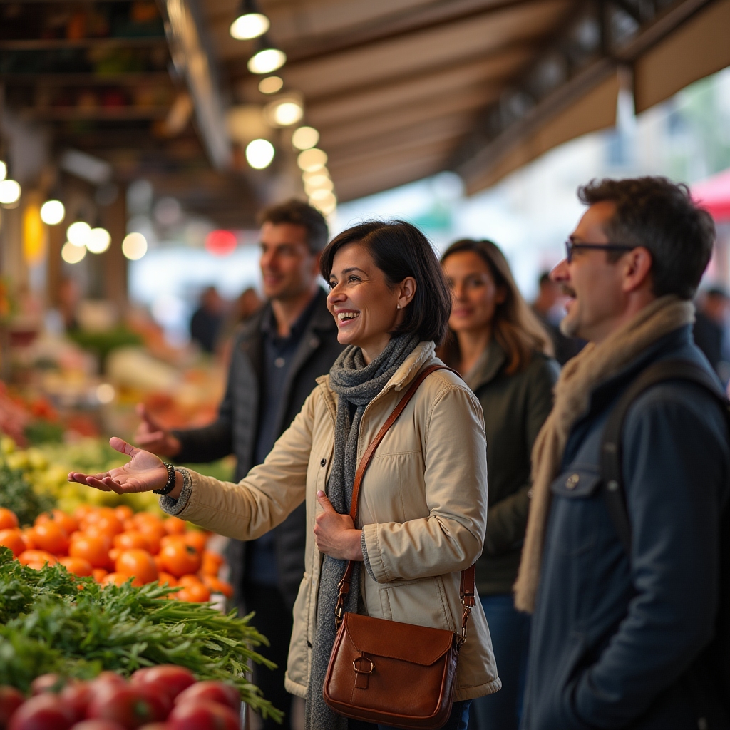 Guida madrelingua che accompagna visitatori stranieri in un mercato italiano
