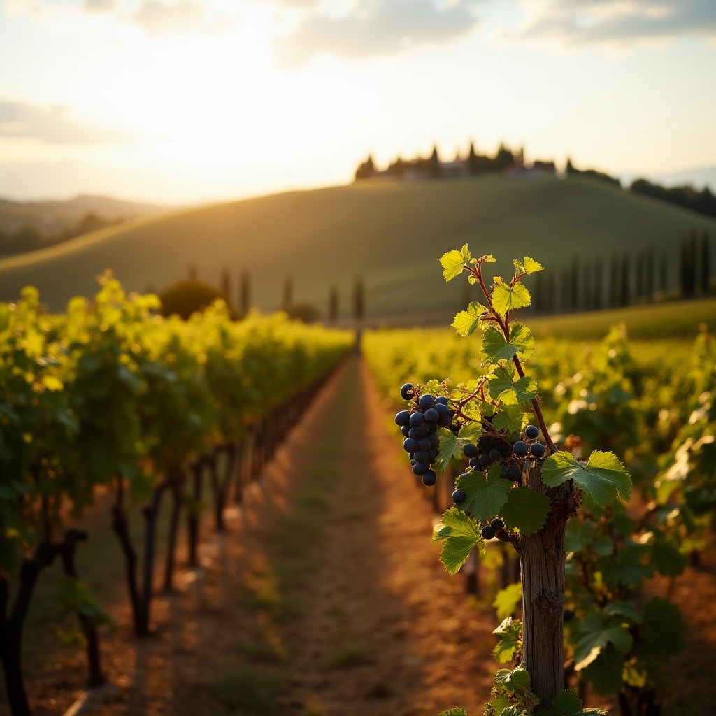 Vigneti sulle colline toscane al tramonto con cipressi